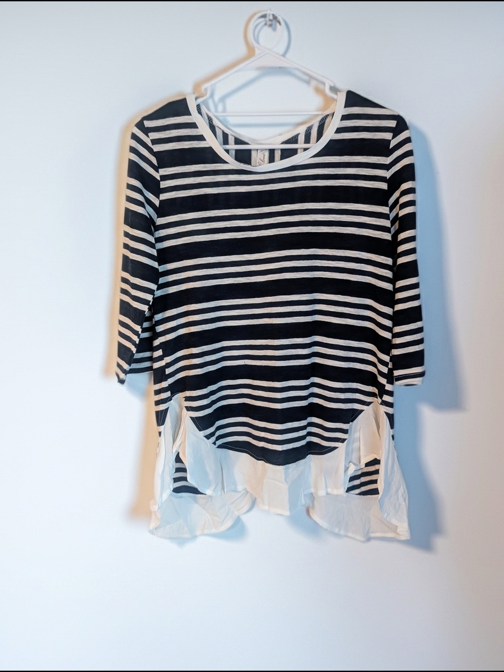NWT L Love Navy and White Striped Tunic with Chiffon Ruffle Hem and Back- Small